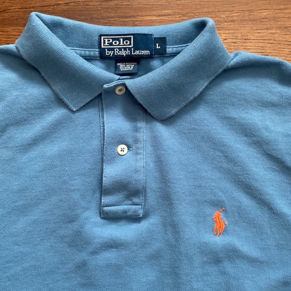 Men’s short sleeve polo by Ralph Lauren size large blue with orange pony - Picture 2 of 2